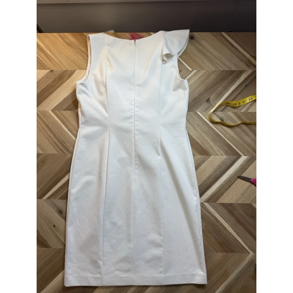 Adrienne Vittadini Sleeveless Sheath‎ Dress White Ruffle Ruched Sz 10 Elegant